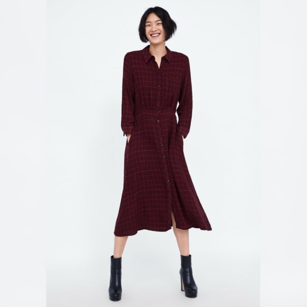 Zara Plaid Burgundy Midi Dress